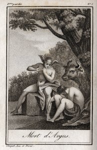 Merkúr és Argus (Mercury és Argus). Argus halála: Merkúr, akit a furulya játszik, hogy elaludja Arguszt, és kiszabadítsa a tehénné átalakult Io nimfát. Metszet 1819-ből Charles Albert Demoustier (1760-1801) „Lettres a Emilie sur la mythologie” című művében alkotó: Anonymous Anonymous