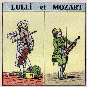 Hangszerek: dörzsölt vonós hangszerek. Jean Baptiste Lully (Giovanni Battista Lulli) (1632-1687) és Wolfang Amadeus Mozart (1756-1791) hegedül. Névtelen illusztráció 1925-ből. Magángyűjtemény. alkotó: Anonymous Anonymous