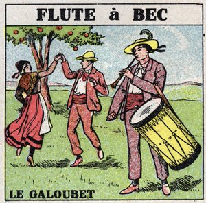 Hangszerek: fúvós hangszerek. Galubet játékos (fuvola csőr). Névtelen illusztráció 1925-ből. Magángyűjtemény. alkotó: Anonymous Anonymous