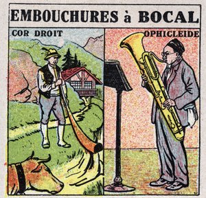 Hangszerek: tégelyszájú fúvós hangszerek. Egyenes kürt és ophicleide játékosok. Névtelen illusztráció 1925-ből. Magángyűjtemény. alkotó: Anonymous Anonymous