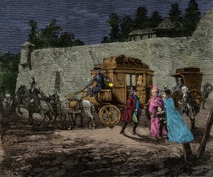 A királyi család éjszakai repülése Varennes-be 1791-ben, Metszet, Magángyűjtemény alkotó: Anonymous Anonymous