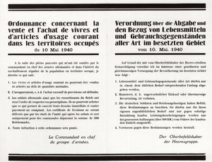 "" Rendelet élelmiszerek és közös célú áruk eladásáról és vásárlásáról a megszállt területeken" - francia-német kétnyelvű plakát alkotó: Anonymous Anonymous