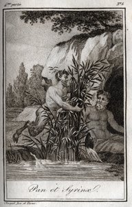 Pan és a Syrinx nimfa náddá változott (Pan és Nymph Syrinx). Metszet 1819-ből Charles Albert Demoustier (1760-1801) „Lettres a Emilie sur la mythologie” című művében. Magángyűjtemény. alkotó: Anonymous Anonymous