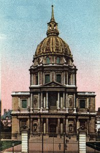 Párizs: Jules Hardouin Mansart (1646-1708) liberális Bruand projektje alapján a Hotel des Invalides kupolájának külső képe. Fénykép 1920-ból Párizs városának „”művészeti albumában”. Magángyűjtemény. alkotó: Anonymous Anonymous