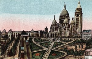 Párizs: sikló és a Sacre Coeur-bazilika (Sacre-Coeur) a Butte Montmartre-on. Fénykép 1920-ból Párizs városának „”művészeti albumában”. Magángyűjtemény. alkotó: Anonymous Anonymous