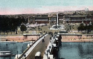 Párizs: panoráma a hídra és a Place de la Concorde-ra, az obeliszk és a Madeleine-templom a montmartre-i Sacre Coeur (Sacre-Coeur) bazilikához vittek. A bal oldalon a jelenlegi Hotel Crillon, a jobb oldalon pedig a Hotel de la Marine alkotó: Anonymous Anonymous