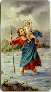 Jámbor kép: Szent Kristóf átkel a Jordánon, hátán az ifjú Jézussal (kromotográfia) alkotó: Anonymous Anonymous