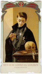 Jámbor kép: Fájdalmas Szűzanya Szent Gábriel, olasz passionista papnövendék (kromolitográfia) alkotó: Anonymous Anonymous