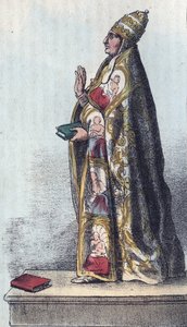 VIII. Bonifác pápa (1235-1303) - VIII. Bonifác (Bonifacius vagy Bonifacio) (1294-1303) - - metszet az Univerzum minden népének „használatai és szokásai” című könyvből. Ez a kormányzás, a törvények, a milícia és minden nemzet vallásának története. alkotó: Anonymous Anonymous