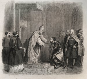 Szent V. Pius (Pius vagy Pio) (1566-1572) pápa a lepantei csata győztesének fogadása. Metszet 1846-ból „A szentek élete” c. Magángyűjtemény. alkotó: Anonymous Anonymous