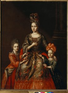 ""Anastasia Naryskina, Szentpétervár kormányzójának felesége, valamint lányai, Alexandra és Tatyana portréja"" Névtelen festmény, 18. század eleji 180x130,8 cm-es Állami Tretyakov Galéria, Moszkva alkotó: Anonymous Anonymous