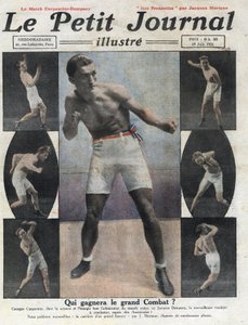 Georges Carpentier francia bokszoló portréja, aki Jack Dempsey amerikai ökölvívóval küzd meg a világbajnoki címért. Az illusztráció az 1921.06.19-i „” Le petit Journal illustrious”” című könyvből vett. Magángyűjtemény alkotó: Anonymous Anonymous