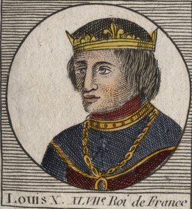 X. Lajos le Hutin (1289–1316), francia király – X. Lajos (1289–1316) Makacs, Franciaország és Navarra királyának – portréja – Charles Constant Le Tellier „Instruction sur l’Histoire de France” című metszete. 1821 alkotó: Anonymous Anonymous