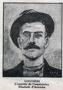 Luigi Lucheni (1873-1910), olasz anarchista, Elisabeth de Wittelsbach, Sissi néven ismert osztrák császárnő 1898-as orgyilkos portréja. Metszet a „L