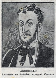 Michele Angiolillo Lombardi dit Jose Sants vagy Rinaldini, a Spanyol Tanács elnökének, Antonio Canovas del Castillo (1828-1897) olasz anarchista (1871-1897) gyilkosának portréja. Metszet a „L