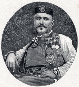 I. Miklós montenegrói (Nikola I Petrovic-Njegos) (Petrovic Njegos) (1841-1921), montenegrói herceg és a Berda portréja. Louis-Eugene (Louis Eugene) Louvet „Les Missions Catholiques au XIXeme Siecle” metszete. magángyűjtemény. alkotó: Anonymous Anonymous