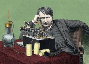 Thomas Edison (1847-1931) amerikai fizikus portréja fonográfjával. Metszet 1900 körül. alkotó: Anonymous Anonymous
