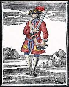 A kalóz, Jack Rackham portréja szerint a Vörös vagy John Rackham, ismertebb nevén Calico Jack (? 1720). Metszés. alkotó: Anonymous Anonymous
