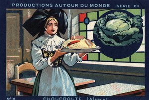 Produkciók szerte a világon: savanyú káposzta Elzászban. 1933-as kromolitográfiája a „Joseph-Milliat Albumban”