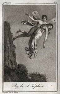 A pszichét Zephyr elragadta. Metszet 1819-ből Charles Albert Demoustier (1760-1801) „Lettres a Emilie sur la mythologie” című művében. Magángyűjtemény. alkotó: Anonymous Anonymous