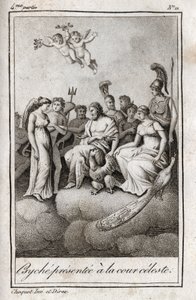 Psyche bemutatta az Égi Udvarnak. Metszet 1819-ből Charles Albert Demoustier (1760-1801) „Lettres a Emilie sur la mythologie” című művében. Magángyűjtemény. alkotó: Anonymous Anonymous