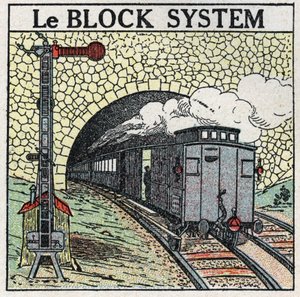 Vasutak: a blokkrendszert a nagyobb városok körül használják az ütközések elkerülésére. Névtelen illusztráció 1925-ből. Magángyűjtemény. alkotó: Anonymous Anonymous