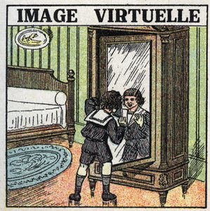 Fényvisszaverődés: virtuális kép. Egy gyermek, aki tükörképét szemléli. Névtelen illusztráció 1925-ből. Magángyűjtemény. alkotó: Anonymous Anonymous
