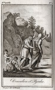 Deucalion és Pyrrha ábrázolása, az egyetlen túlélő a Zeusz által az emberi fajt elpusztító özönvíz után. Themisz az özönvíz után arra kéri őket, hogy letakarva járják a fejüket, és maguk mögé dobják anyjuk csontjait (a Föld köveit) (Re) alkotó: Anonymous Anonymous
