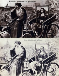Leonard de Vinci (Leonardo da Vinci) (1452-1519) ábrázolása, aki visszahozza "" A Mona Lisa" (Mona Lisa, Monna Lisa) című művét Vincenzo Peruggia (1881-1925) művének ellopása után. 1911.08.21-én. Vígjáték képeslap alkotó: Anonymous Anonymous