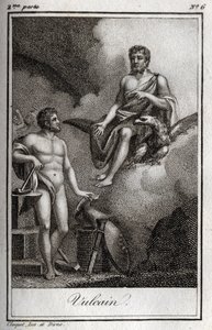 Vulkánt, a tűz, a kovács és a vulkánok istenét ábrázolja. (Vulkán, a tűz és a vulkánok istene). Metszet 1819-ből Charles Albert Demoustier (1760-1801) „Lettres a Emilie sur la mythologie” című művében. Magángyűjtemény. alkotó: Anonymous Anonymous
