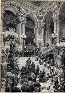 Orosz tengerészek másznak fel a nagy lépcsőn a párizsi Opera Garnier gálaestjén. Metszet a „” Le Petit Parisien”-ben, 1893.10.29. alkotó: Anonymous Anonymous