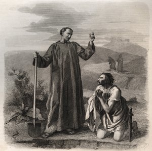 Nursiai Szent Benedek üdvözli Totilát (6. század), az osztrogótok királyát. Metszet 1846-ból a „Szentek élete” c. Magángyűjtemény. alkotó: Anonymous Anonymous