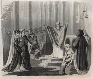 Saint Dunstan (kb. 909-988), Canterbury bencés, az angliai szerzetesi élet megújítója, közelgő halálát hirdeti az embereknek. Metszet 1846-ból „A szentek élete” c. Magángyűjtemény. alkotó: Anonymous Anonymous