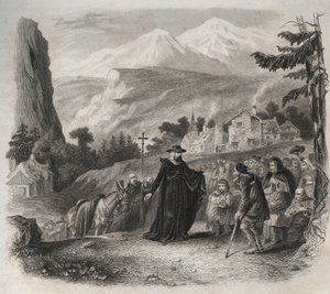 Saint Francois-de-Sales (Saint Francois de Sales) (1567-1622), Genf eveque egy lelkipásztori látogatáson. Metszet 1846-ból a „Szentek élete” c. Magángyűjtemény. alkotó: Anonymous Anonymous