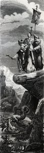 Saint Front (a Perigord első evangéliumhirdetője) (3. század) a sárkány kicsapása a Dordogne-ban - 1846-os metszet a „” A szentek élete” c. Magángyűjtemény. alkotó: Anonymous Anonymous