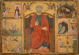 Szent Péter a trónon, bibliai jelenetekkel körülvéve (fára festett festmény) alkotó: Anonymous Anonymous