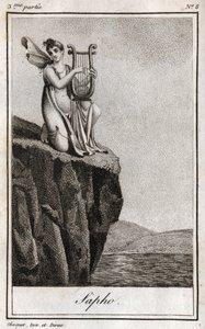 Sapho (vagy Sappho, ie 7. század), az ókor görög költője. Metszet 1819-ből Charles Albert Demoustier (1760-1801) „Lettres a Emilie sur la mythologie” című művében. Magángyűjtemény. alkotó: Anonymous Anonymous