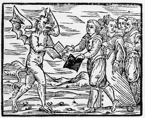 A Sátán egy fekete könyvet ajándékoz a követőinek az evangéliumok könyvéért cserébe - „Compendium Maleficarum”, a boszorkányokkal, szerencsétlenségükkel és válogatásukkal foglalkozik Francesco Maria Guazzo vagy Guaccio vagy Guaccius (15? -16??) 1608 Magáng alkotó: Anonymous Anonymous