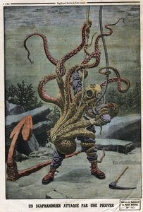 Scaphandlert megtámadta egy polip. Metszet a „” Le petit Journal”-ban, 1912.06.16. Magángyűjtemény. alkotó: Anonymous Anonymous