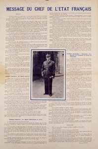 Második világháború és a Vichy-rezsim: Philippe Petain francia államfő üzenete, amelyet a Franciaország által 1940 júniusában aláírt fegyverszünet után tettek közzé, és bemutatja a nemzeti forradalom programját, 1940 őszén. Magángyűjtemény alkotó: Anonymous Anonymous