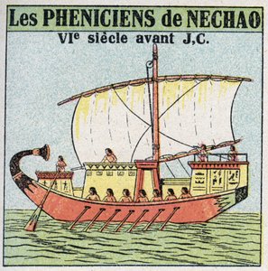 Hajók és hajók: föníciai tengerészek Necho fáraó szolgálatában a Kr.e. 7. században. Névtelen illusztráció 1925-ből. Magángyűjtemény. alkotó: Anonymous Anonymous