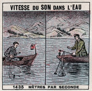 Hangenergia: a hang sebessége a vízben. Jean Daniel (Jean-Daniel) Colladon (1802-1893) és Charles Francois Sturm (1803-1855) 1826-1827 közötti tapasztalatai a Genfi-tavon (Leman Lake). Két csónak egymástól 14 km-re kikötött, az egyik csónak harangot, kalap alkotó: Anonymous Anonymous