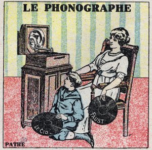 Hangenergia: a fonográf. Egy anya és fia egy Pathe-fonográfon hallgatnak egy lemezt. Névtelen illusztráció 1925-ből. Magángyűjtemény. alkotó: Anonymous Anonymous