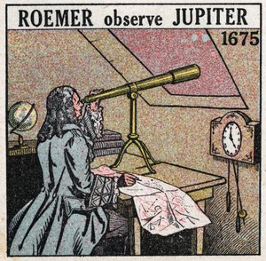 Fénysebesség: Ole Christensen Romer (Olaus Roemer) (1644-1710) dán csillagász 1675-1676-ban megfigyeli a Jupiter műholdjainak fogyatkozását, és ezek segítségével méri a fénysebességet. Névtelen illusztráció 1925-ből. Magángyűjtemény. alkotó: Anonymous Anonymous