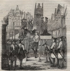 A chevalier Francois-Jean Lefebvre de La Barre (Francois Jean Lefebvre de LaBarre) 1766-ban emelkedik az állványra. Pierre Zaccone (1817-1895) metszete „A börtönök története a létrehozásuktól napjainkig” (1877) (Colonia Penale – Büntetés-végrehajtási telep
