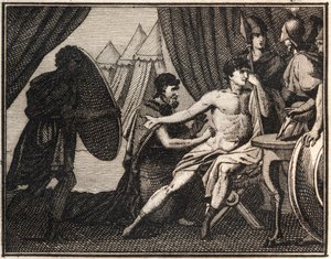 Epaminondas halála (a spártaiak elleni csata után Mantineiában, ie 362). Metszet a „” The Rollin of Youth vagy az ókori és római történetek válogatott darabjaiból”” 1816. Magángyűjtemény. alkotó: Anonymous Anonymous
