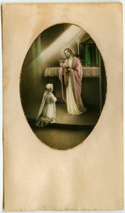 Az Eucharisztia, a szentáldozás, az Oltáriszentség: gyermek Jézus előtt (metszet) alkotó: Anonymous Anonymous