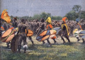 Theodore Roosevelt volt amerikai elnök (1858-1919) expedíciója Afrikába: Harcos tánc Ugandában. Metszés. A „Le petit parisien” című újság egyike 1910.04.24-én. Magángyűjtemény. alkotó: Anonymous Anonymous