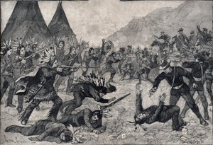 Az indiánok lázadása az Egyesült Államokban: harc a sziú indiánok és az amerikai csapatok között. Metszet „” Le petit Parisien”” 1891-ből. Magángyűjtemény. alkotó: Anonymous Anonymous