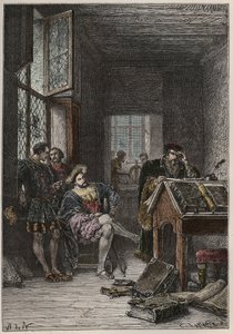I. Francois francia király (1494-1547), művészet- és levélvédő, Estienne (Robert Estienne) nyomdász műhelyeinek látogatása, 1540 körül (I. Ferenc francia király Estienne királyi tipográfusok műhelyeinek látogatása alkotó: Anonymous Anonymous